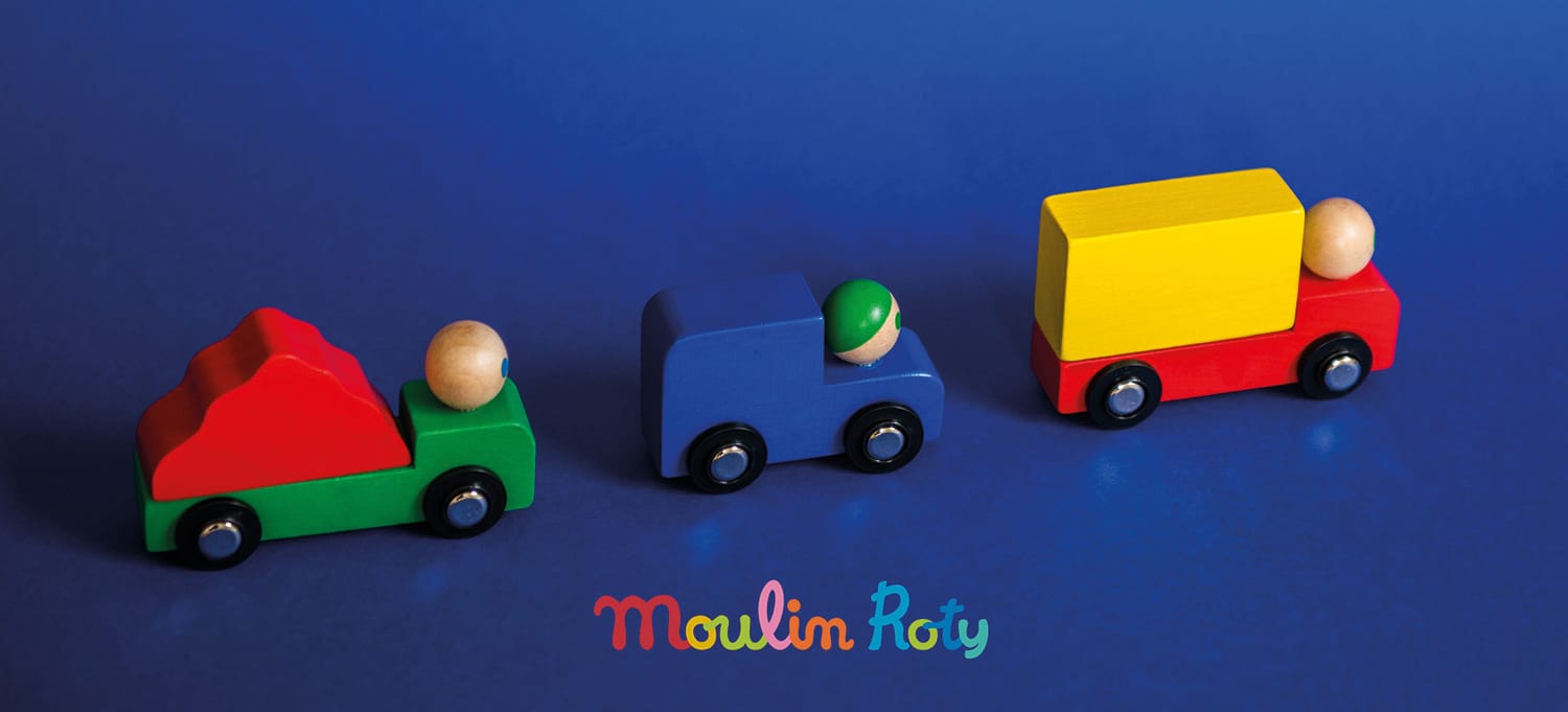 brightly coloured wooden cars